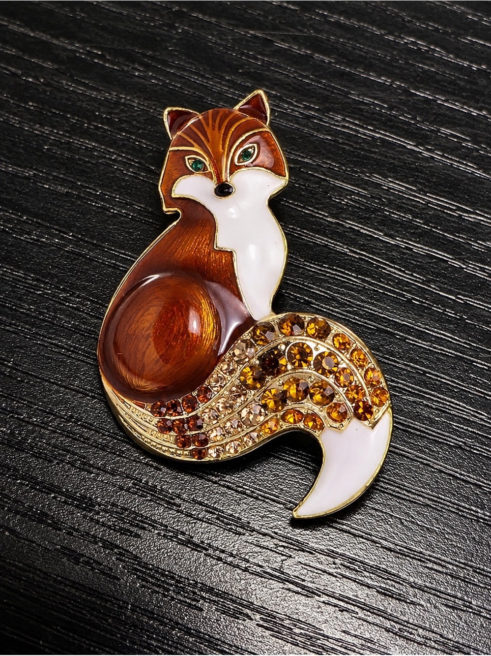 Rhinestone Fox Brooch Pin Brown White Enamel Crystal Woodland Animal Jewelry